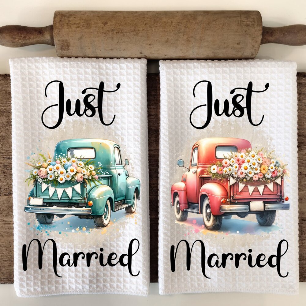 Just Married Kitchen Towel, Just Married Towel Set, Wedding Gift Kitchen towel